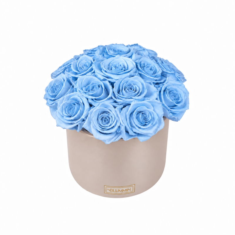 Kauasäilivad 15 helesinist roosi beežis keraamikas bukett (Light Blue).png