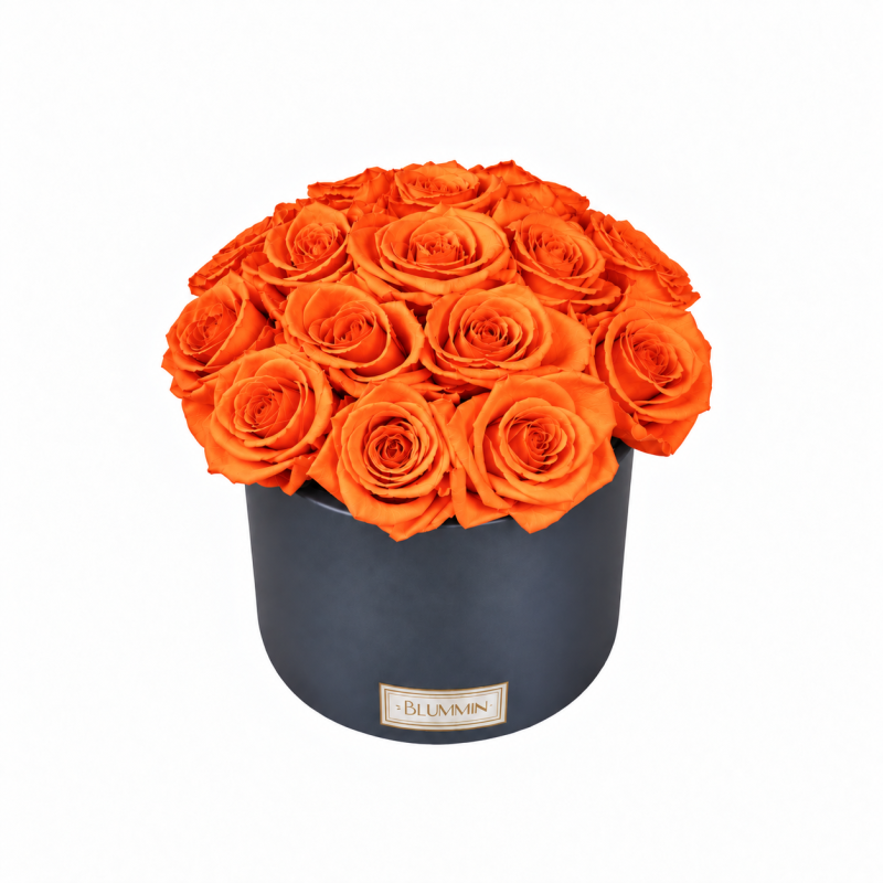 Kauasäilivad 15 oranži roosi tumehallis keraamikas bukett (Orange).png