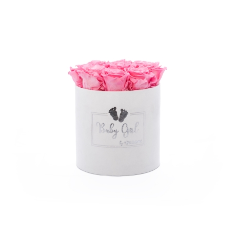 BABY GIRL - WHITE VELVET BOX WITH 9 BABY PINK ROSES