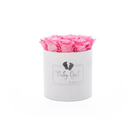 BABY GIRL - WHITE VELVET BOX WITH  9 BABY PINK ROSES