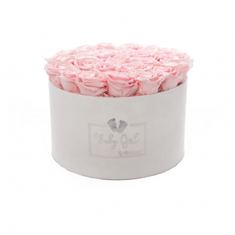 BABY GIRL - WHITE VELVET BOX WITH 25 BRIDAL PINK ROSES 
