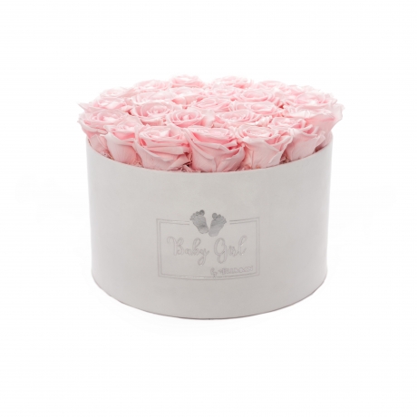 BABY GIRL - WHITE VELVET BOX WITH 25 BRIDAL PINK ROSES