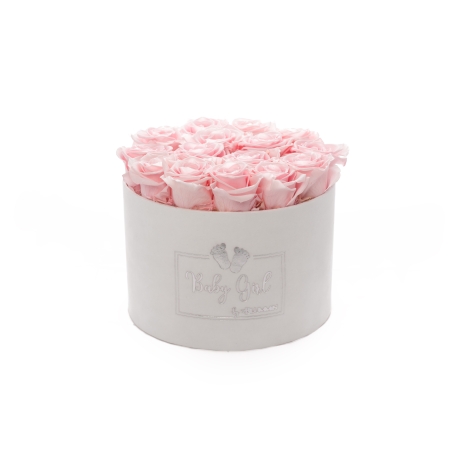 BABY GIRL - WHITE VELVET BOX WITH BRIDAL PINK ROSES 