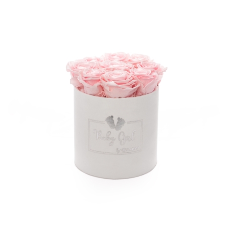BABY GIRL - WHITE VELVET BOX WITH 9 BRIDAL PINK ROSES