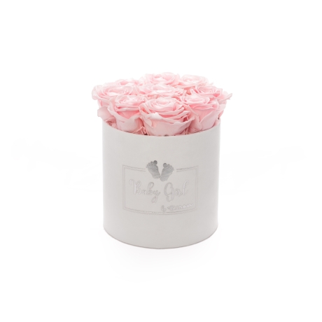 BABY GIRL - WHITE VELVET BOX WITH 9 BRIDAL PINK ROSES 