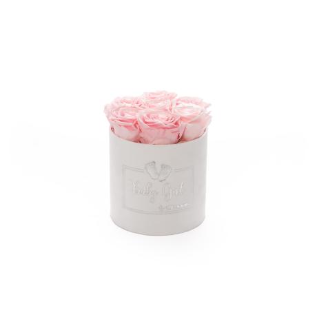 BABY GIRL - WHITE VELVET BOX WITH 7 BRIDAL PINK ROSES 