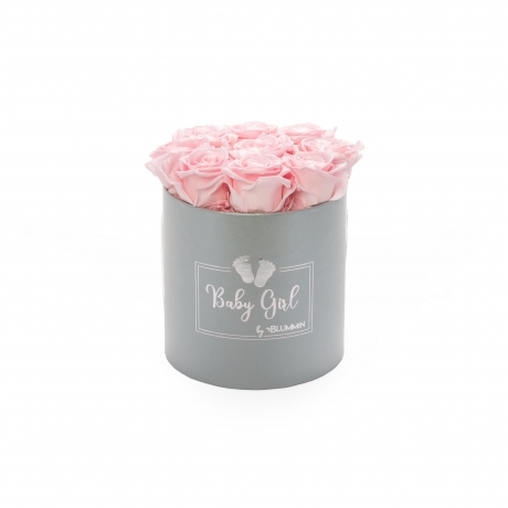 BABY GIRL - LIGHT GREY BOX WITH 9 BRIDAL PINK ROSES 