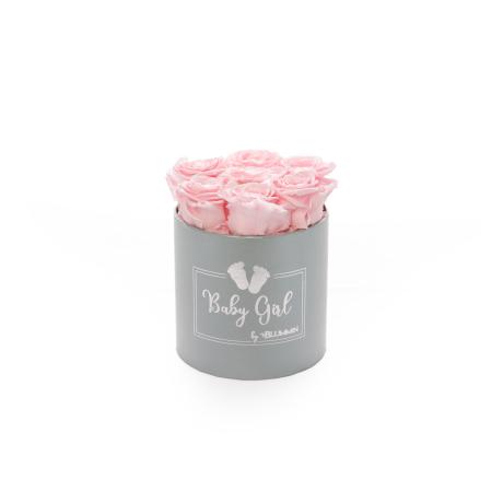 BABY GIRL - LIGHT GREY BOX WITH 7 BRIDAL PINK ROSES 