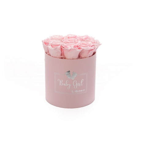 BABY GIRL - LIGHT PINK BOX WITH 9 BRIDAL PINK ROSES 
