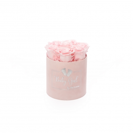 BABY GIRL - LIGHT PINK VELVET BOX WITH 7 BRIDAL PINK ROSES 