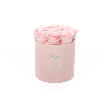 BABY GIRL - LIGHT PINK VELVET BOX WITH 9 BRIDAL PINK ROSES 