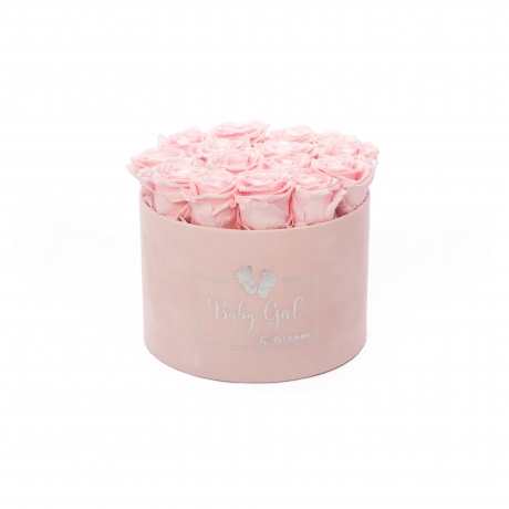 BABY GIRL - LIGHT PINK VELVET BOX WITH 15 BABY PINK ROSES 