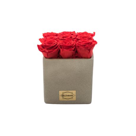 LIGHT GREY CERAMIC POT WITH 9 VIBRANT RED ROSES