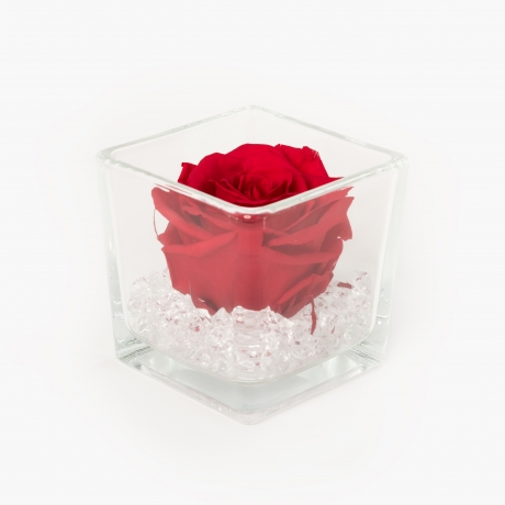 GLASS VASE WITH vibrant red ROSE AND CRYSTALS (10x10 cm)