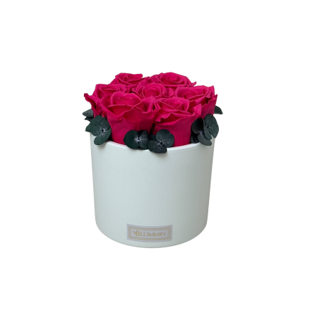 VALGE KERAAMIKA CORAL PINK KAUASÄILIVATE ROOSIDEGA & EUKALÜPTIGA - 7 ROOSI