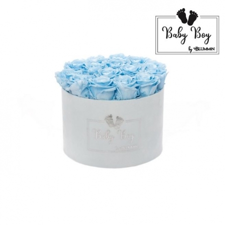 BABY BOY - LIGHT BLUE VELVET BOX WITH 15 BABY BLUE ROSES 