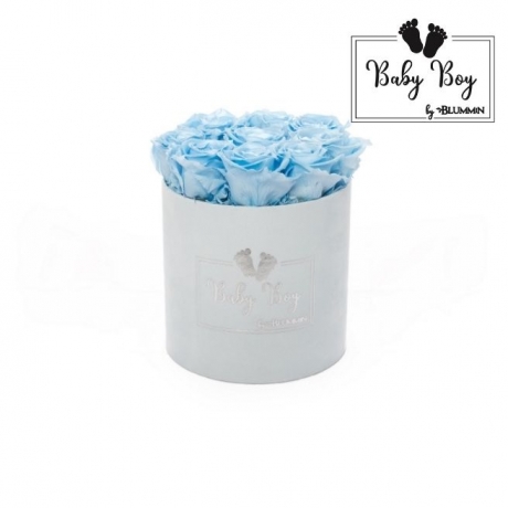 BABY BOY - LIGHT BLUE VELVET BOX WITH 9 BABY BLUE ROSES 