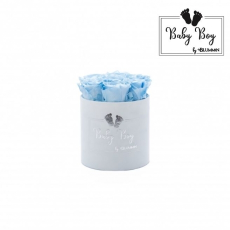 BABY BOY - LIGHT BLUE VELVET BOX WITH 7 BABY BLUE ROSES 