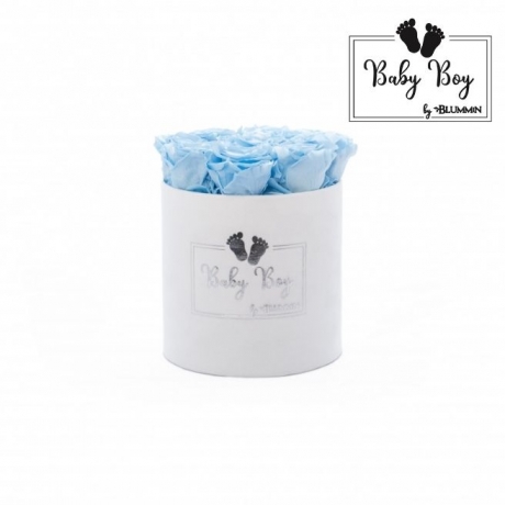 BABY BOY - WHITE VELVET BOX WITH 9 BABY BLUE ROSES 