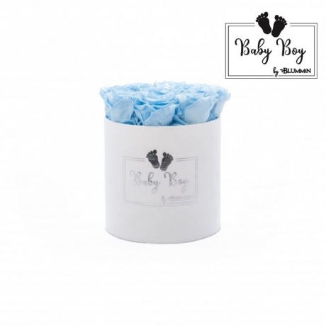 BABY BOY - WHITE VELVET BOX WITH 9 BABY BLUE ROSES