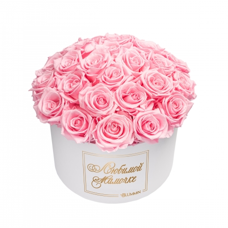  ЛЮБИМОЙ МАМОЧКЕ BOUQUET WITH 25 ROSES - LARGE BLUMMIN CREAMY BOX WITH VIBRANT RED ROSES