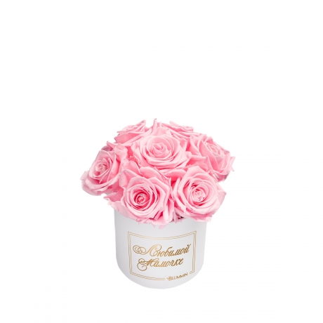 -20% ЛЮБИМОЙ МАМОЧКЕ BOUQUET WITH 7 ROSES - MIDI BLUMMiN WHITE BOX WITH BRIDAL PINK ROSES