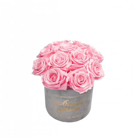 -20% ЛЮБИМОЙ МАМОЧКЕ BOUQUET WITH 11 ROSES - SMALL LIGHT GREY VELVET BOX WITH BRIDAL PINK ROSES