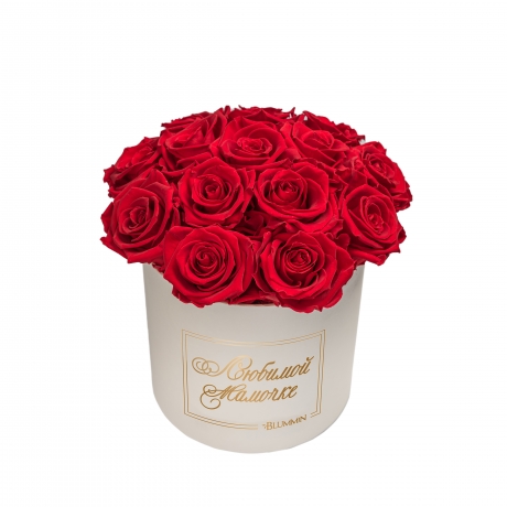  BOUQUET WITH 15 ROSES - MEDIUM CREAMY BOX WITH VIBRANT RED ROSES
