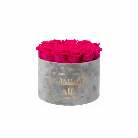 RAKKAALLE ÄIDILLE - LARGE LIGHT GREY VELVET BOX WITH HOT PINK ROSES