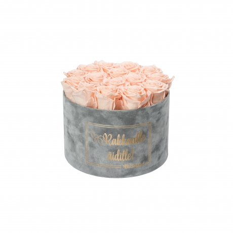 RAKKAALLE ÄIDILLE - LARGE LIGHT GREY VELVET BOX WITH PEACHY PINK ROSES