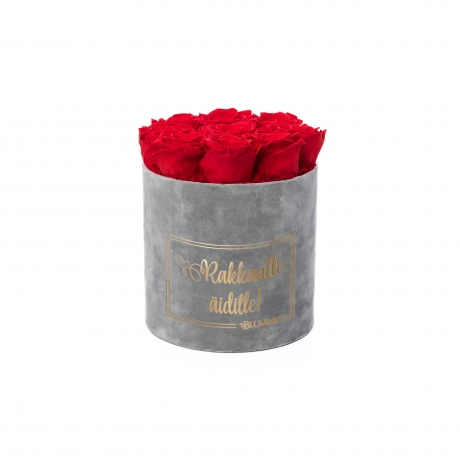 RAKKAALLE ÄIDILLE - MEDIUM LIGHT GREY VELVET BOX WITH VIBRANT RED ROSES