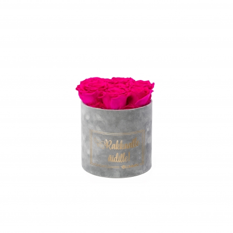 RAKKAALLE ÄIDILLE - SMALL LIGHT GREY VELVET BOX WITH HOT PINK ROSES