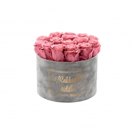 RAKKAALLE ÄIDILLE - LARGE LIGHT GREY VELVET BOX WITH VINTAGE PINK ROSES