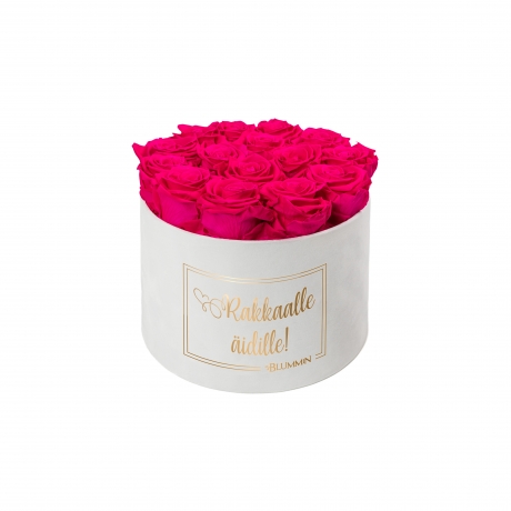 RAKKAALLE ÄIDILLE - LARGE WHITE VELVET BOX WITH HOT PINK ROSES