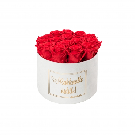 RAKKAALLE ÄIDILLE - LARGE WHITE VELVET BOX WITH RED ROSES