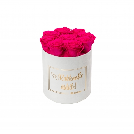 RAKKAALLE ÄIDILLE - MEDIUM WHITE VELVET BOX WITH HOT PINK ROSES