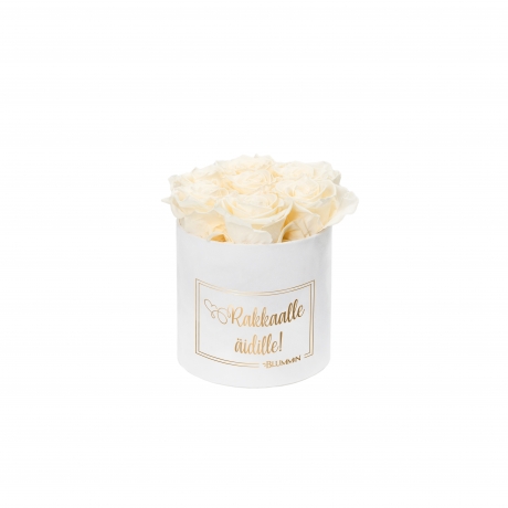 RAKKAALLE ÄIDILLE - SMALL WHITE VELVET BOX WITH CHAMPAGNE ROSES