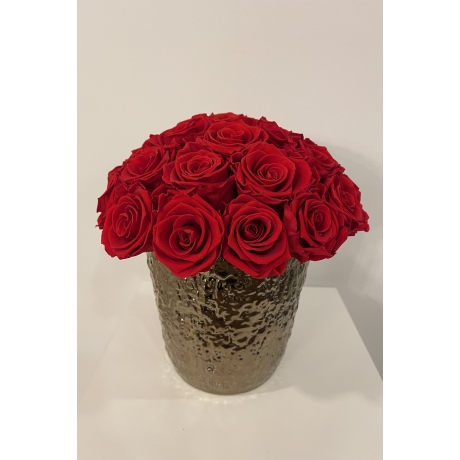 BRONZE CERAMIC POT WITH 23-27 VIBRANT RED ROSES