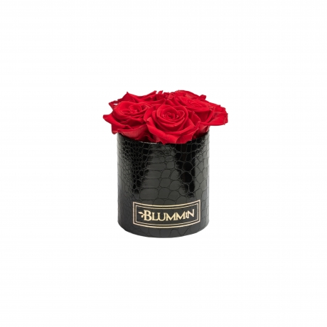 BLUMMIN MIDI BLACK LEATHER BOX WITH 5 VIBRANT RED ROSES