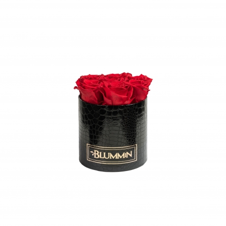 SMALL BLACK LEATHER BOX WITH VIBRANT RED ROSES