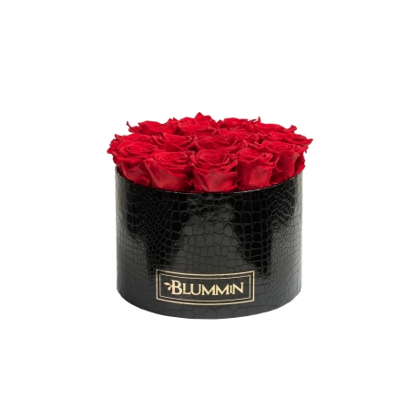  LARGE BLACK LEATHER BOX WITH VIBRANT RED ROSES