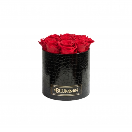 MEDIUM BLACK LEATHER BOX WITH VIBRANT RED ROSES