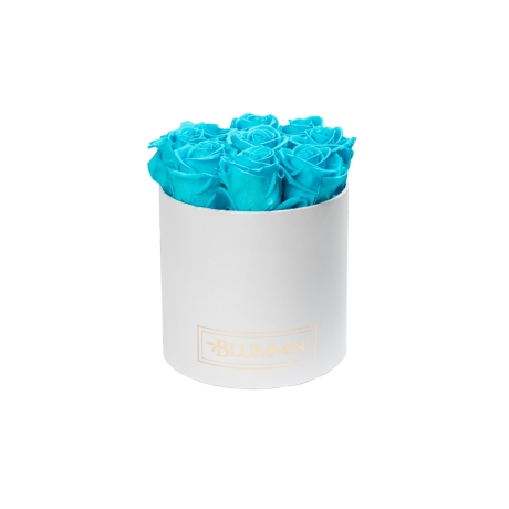  MEDIUM BLUMMIN WHITE BOX WITH AQUAMARINE ROSES