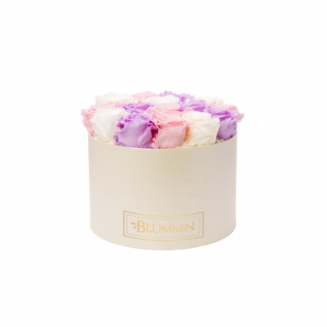 LARGE BLUMMIN CREAMY BOX WITH MIX (BABY LILLY, BRIDAL PINK, CHAMPAGNE) ROSES