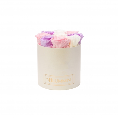 MEDIUM BLUMMIN CREAMY BOX WITH MIX (BABY LILLY, BRIDAL PINK, CHAMPAGNE) ROSES