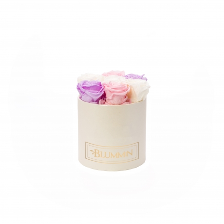 SMALL BLUMMIN CREAMY BOX WITH MIX (BABY LILLY, BRIDAL PINK, CHAMPAGNE) ROSES