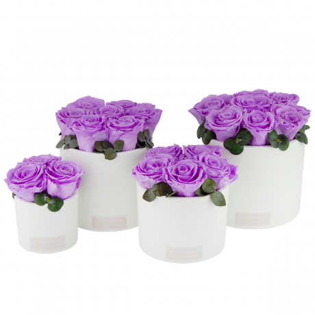 WHITE CERAMIC POT WITH BABY LILLY ROSES AND EUCALYPTUS