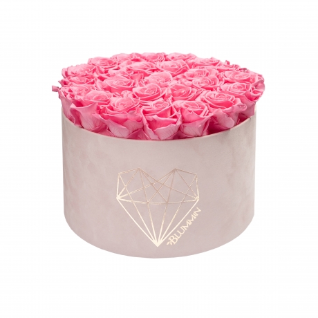 EXTRA LARGE LOVE LIGHT PINK VELVET BOX WITH BABY PINK ROSES