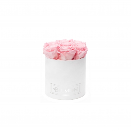 SMALL BLUMMiN - WHITE VELVET BOX WITH BRIDAL PINK ROSES