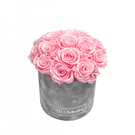 BOUQUET WITH 15 ROSES - MEDIUM LIGHT GREY VELVET BOX WITH BRIDAL PINK ROSES